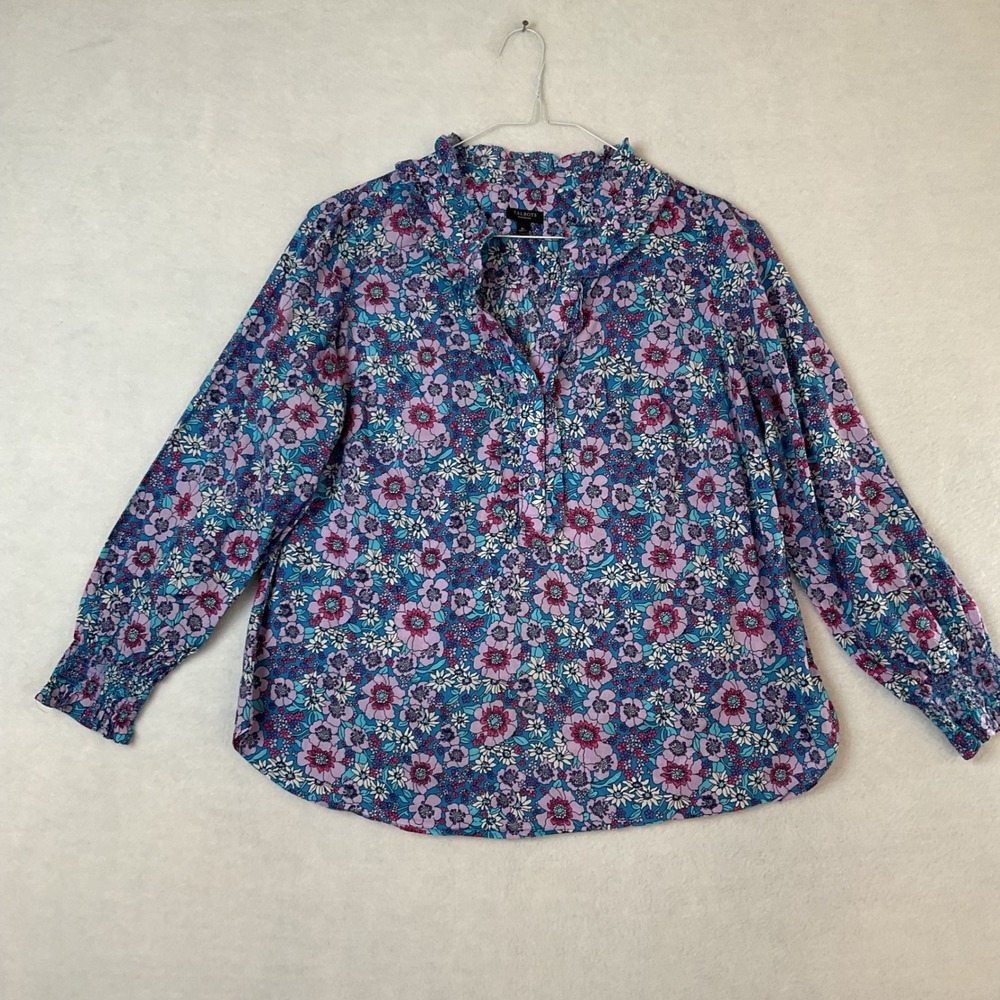 Talbots Plus Petite XP Floral Cotton Ruffle Neck Blouse Blue Purple Pink Smocked